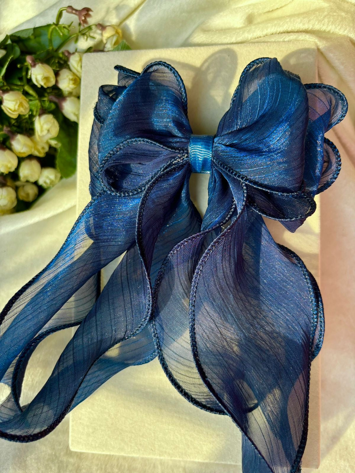 Layered Princess Hair Bow Clip For Women ( Dark Blue Netted )