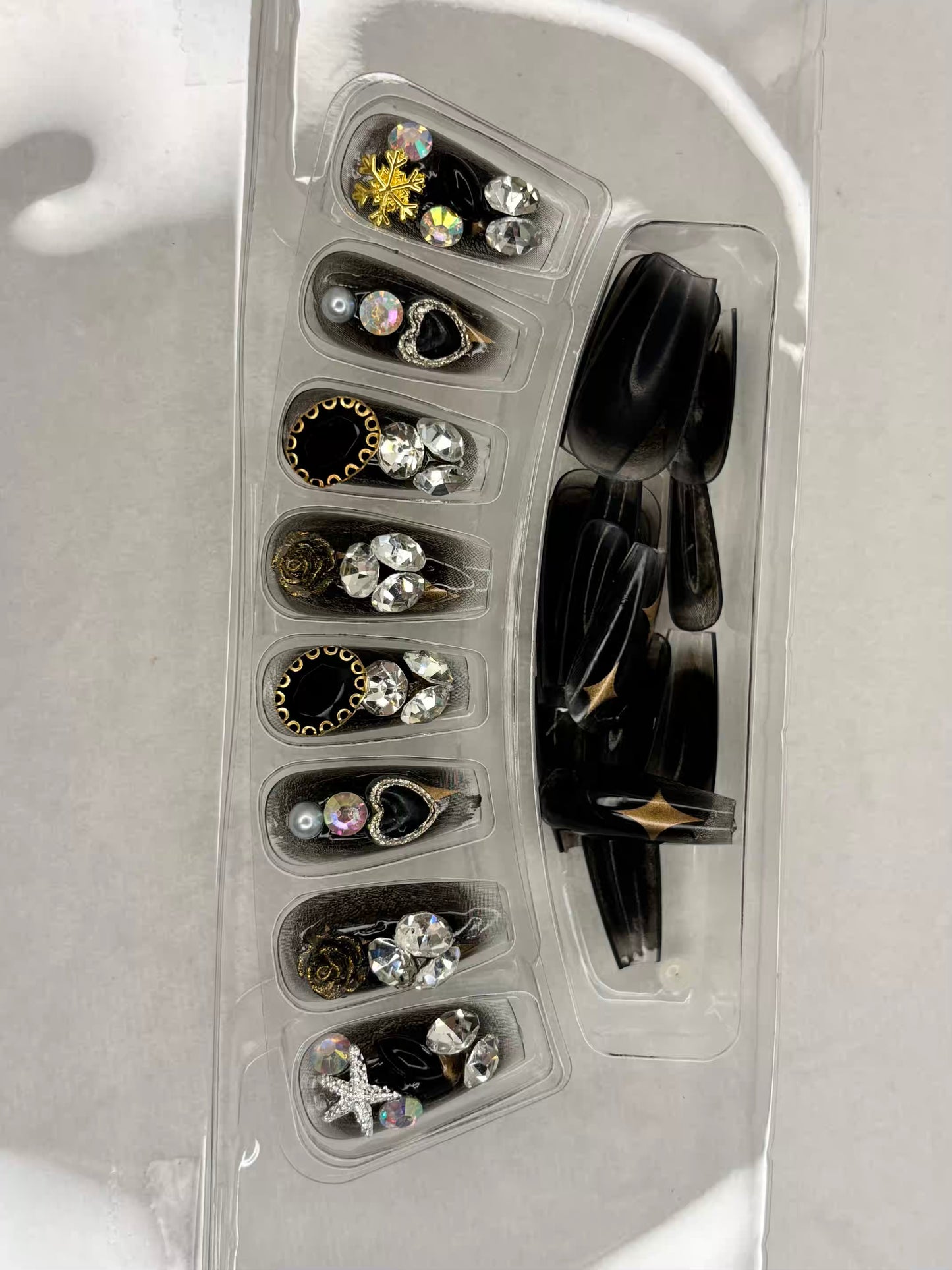 Studded Black Rose Stone Fancy Party Press On Nails ( Set of 24 )
