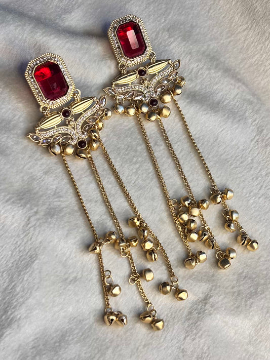 Red Ruby Sapphire Kashmiri Brass Premium Plated Ghungroo Earrings