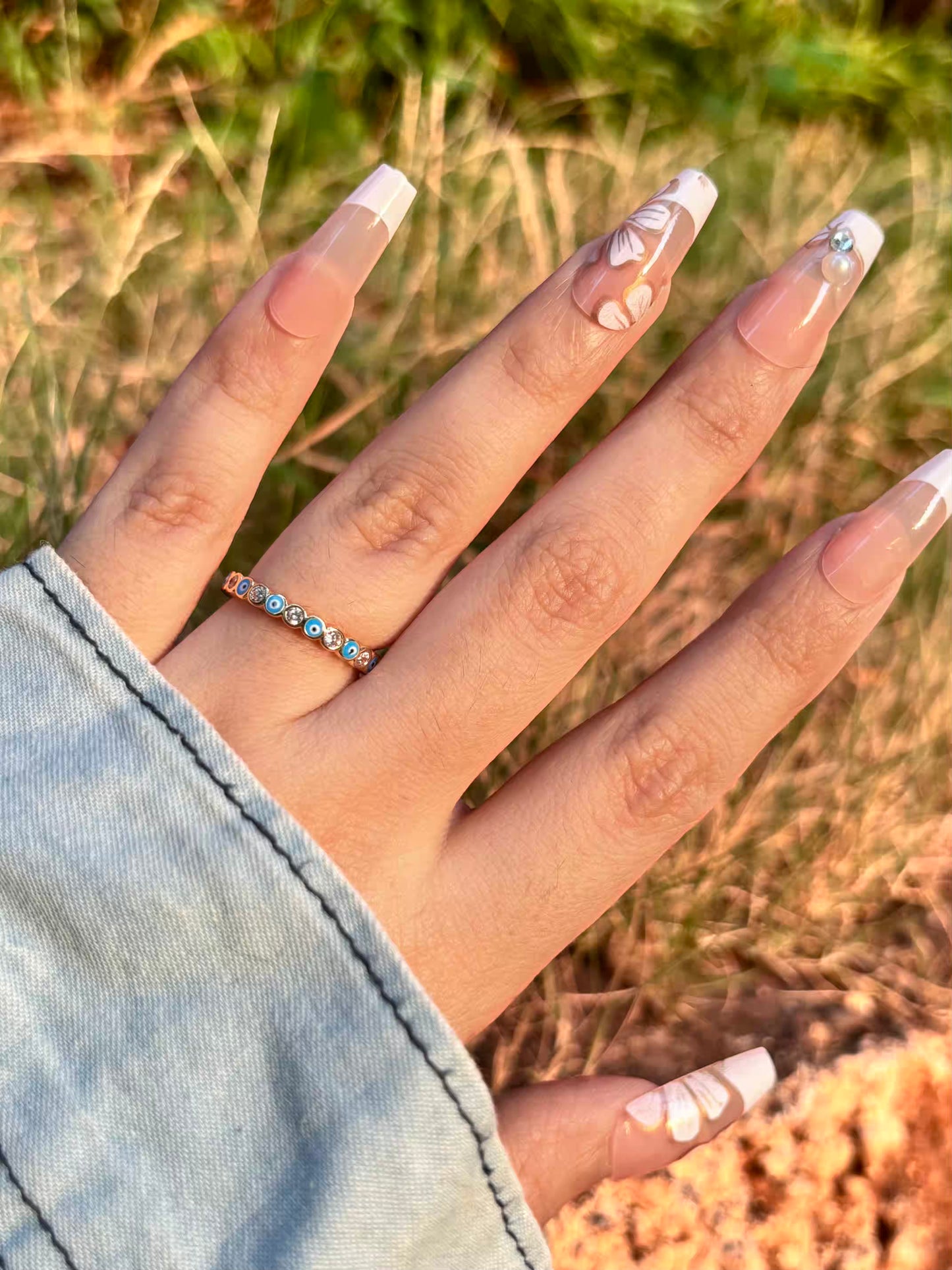 Light Blue Thin Evil Eye  Band Ring - Adjustable