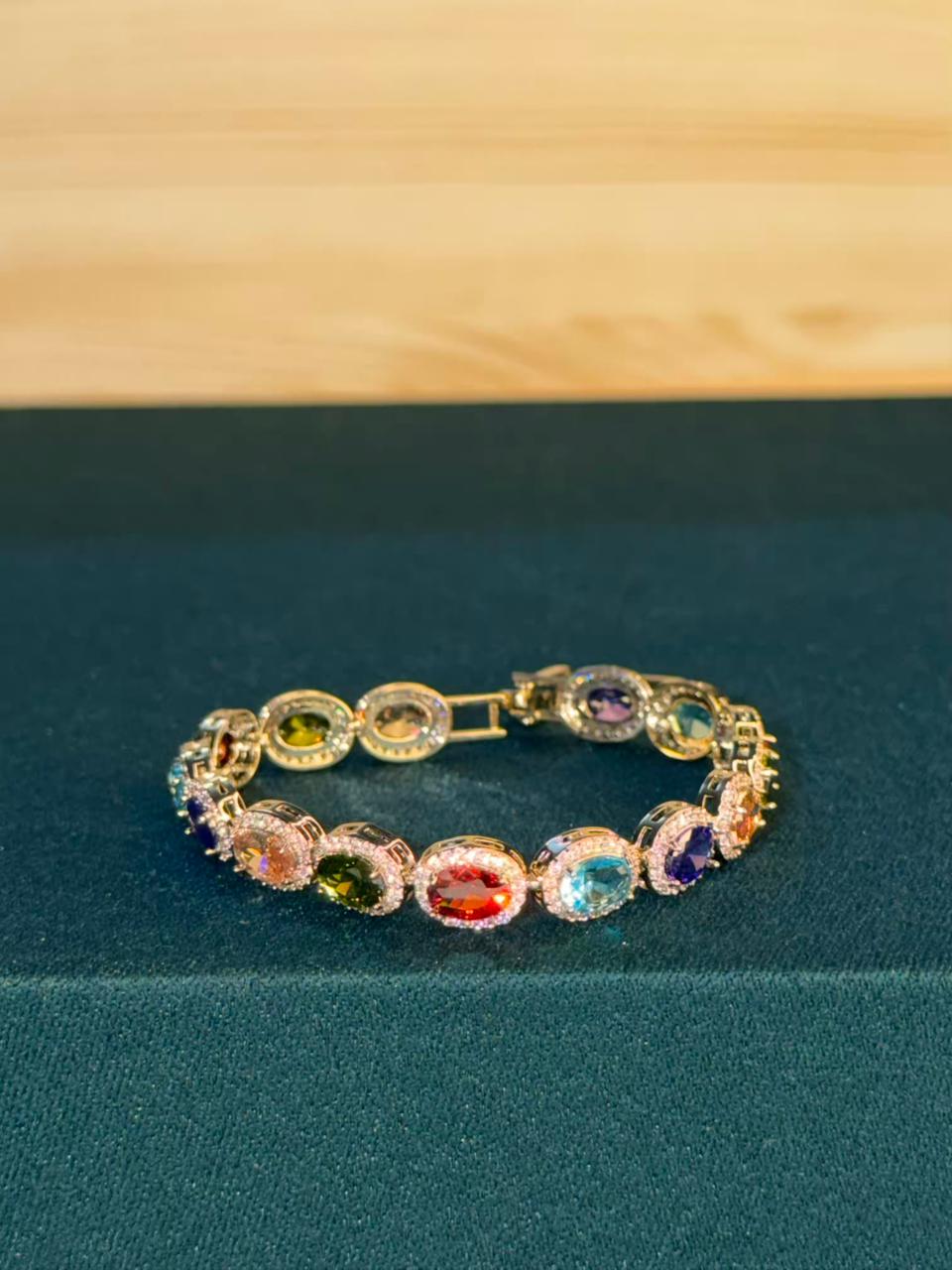 Multicolored Oval Stones Gold Plated Tennis Bracelet