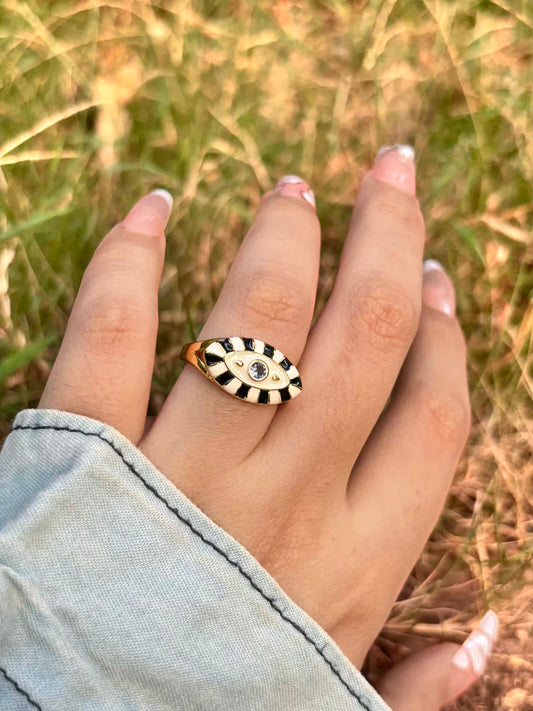 Zebra Evil Eye Nazar White Ring - Adjustable