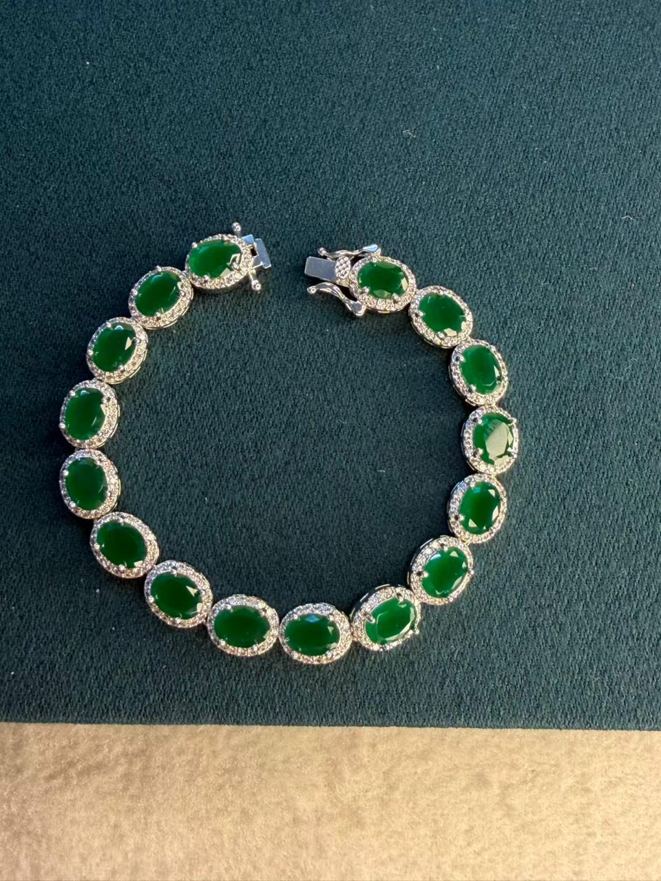 Green Oval Shape Stones Silver Plated Tennis Bracelet