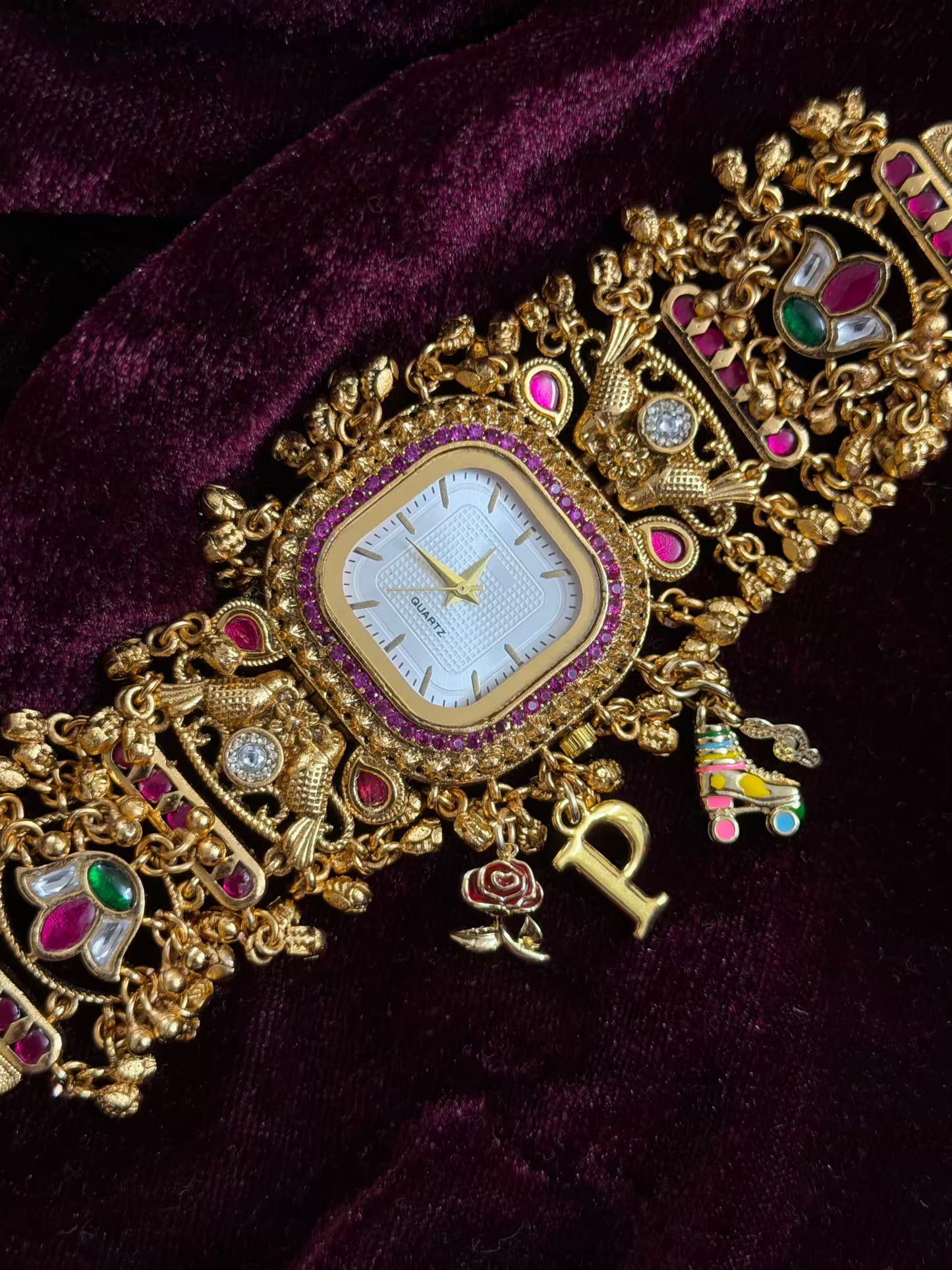 Square Dial Maharani Watch Heritage Bracelet with Skates and Rose ( Add your initial FREE )