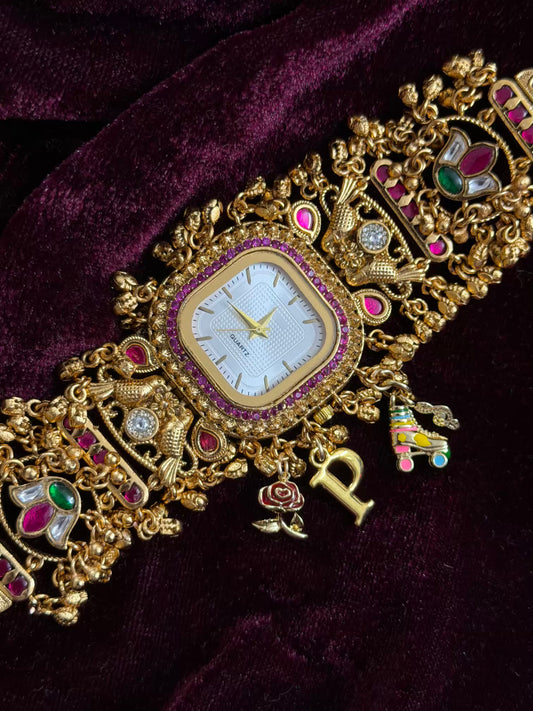 Square Dial Maharani Watch Heritage Bracelet with Skates and Rose ( Add your initial FREE )