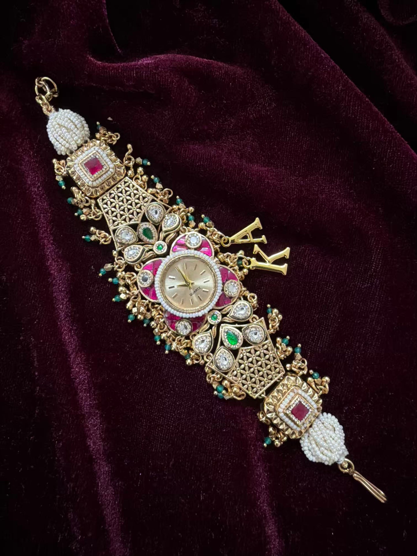 New Launch Kundan Floral Premium Gold Maharani Watch Design Heritage Bracelet ( Initials will be customised )
