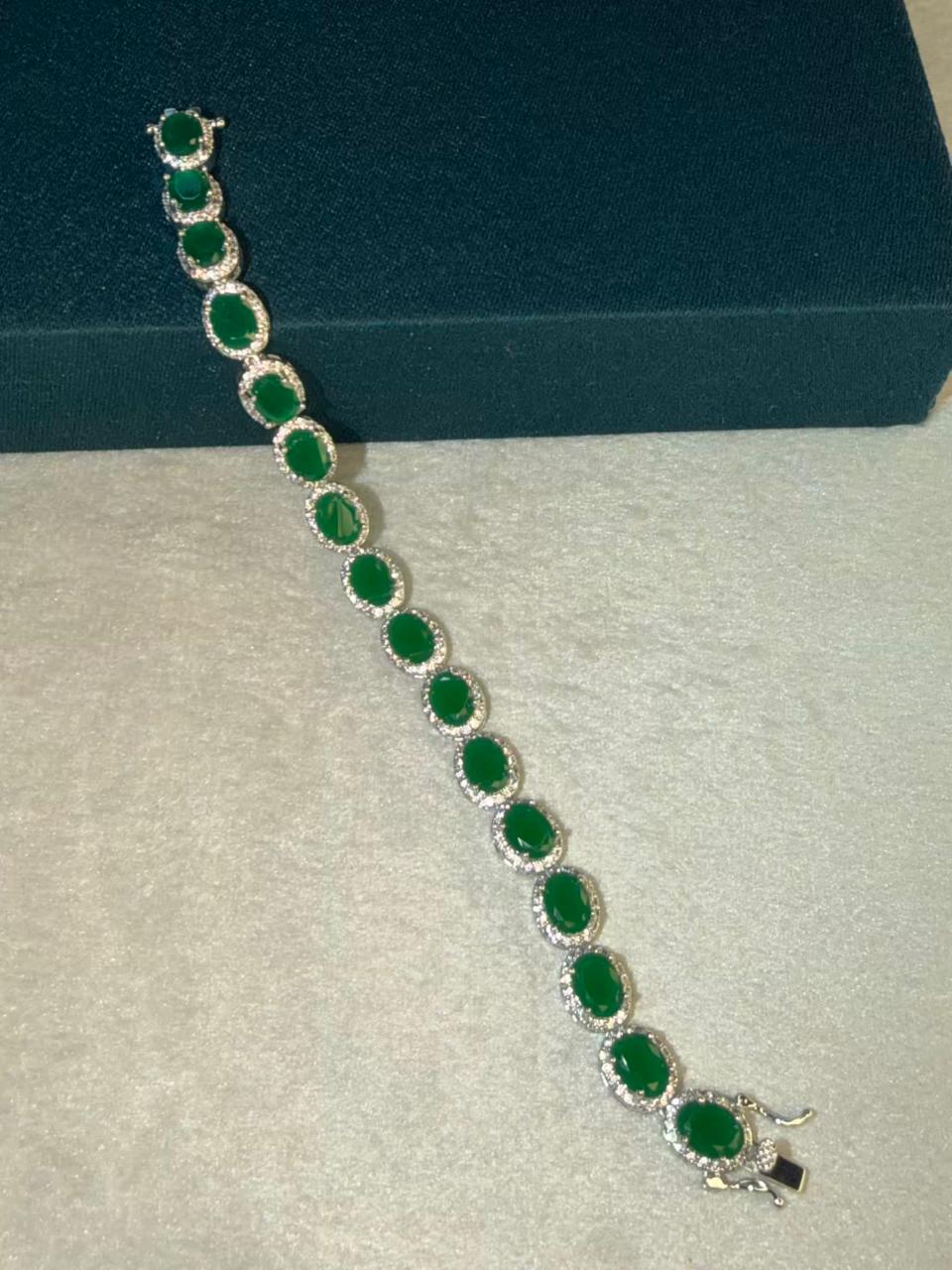 Green Oval Shape Stones Silver Plated Tennis Bracelet