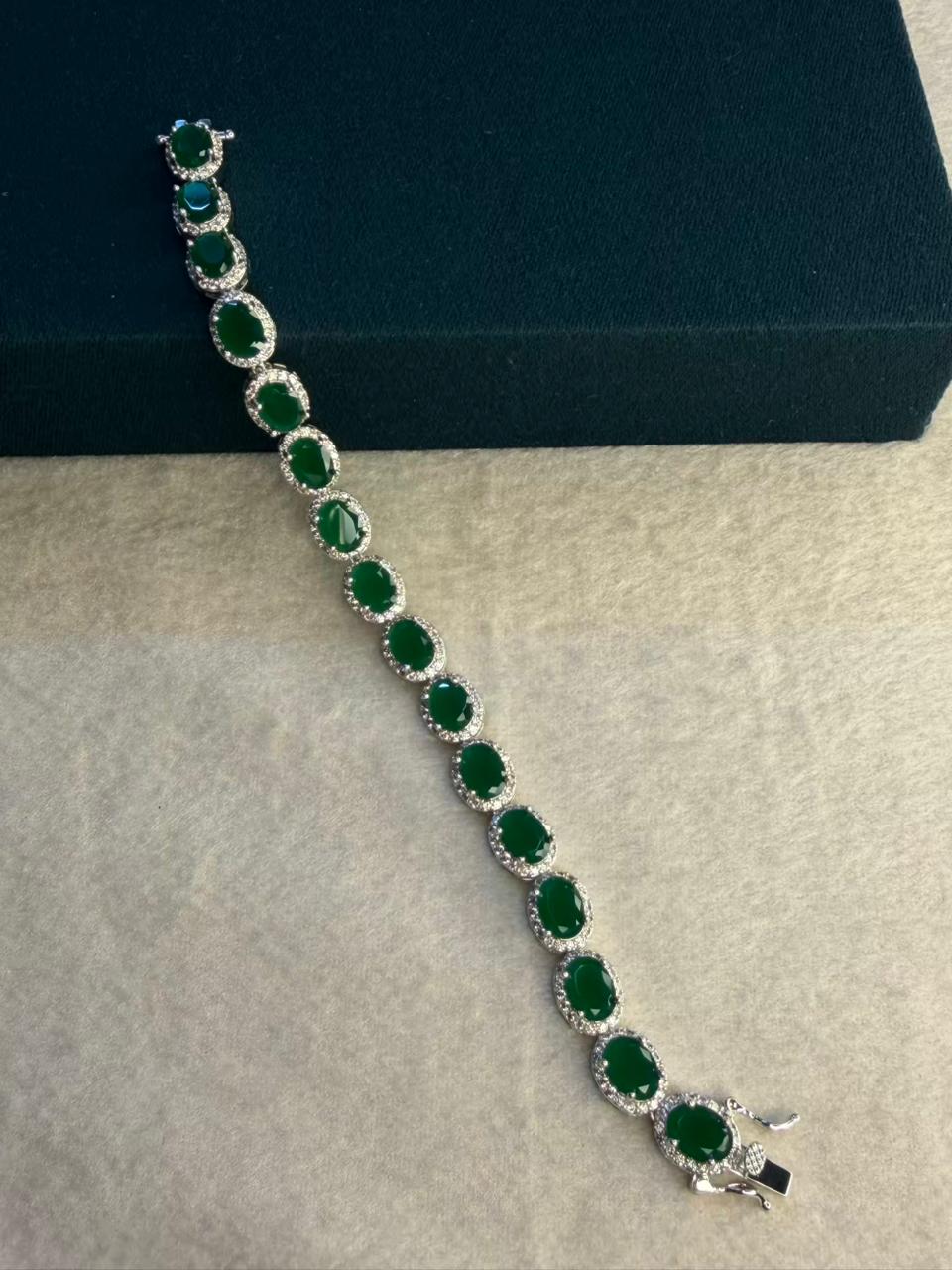 Green Oval Shape Stones Silver Plated Tennis Bracelet