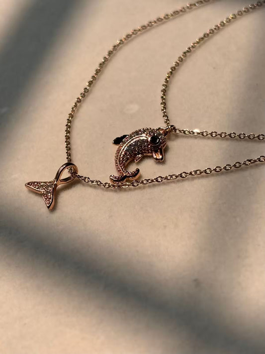 Baby Studded Dolphin Necklace - Rose Gold