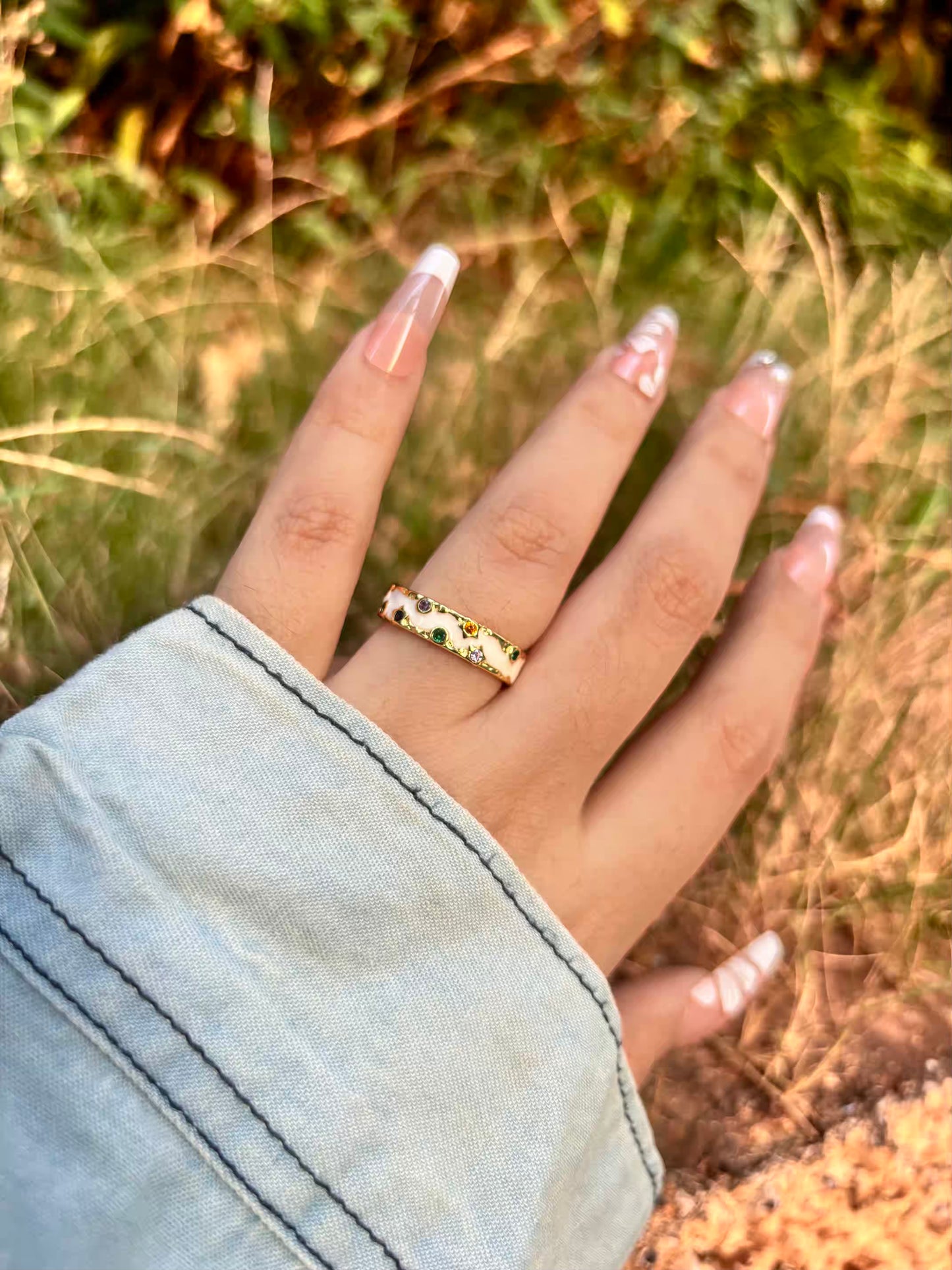 Colourful Studs White Band Ring - Adjustable