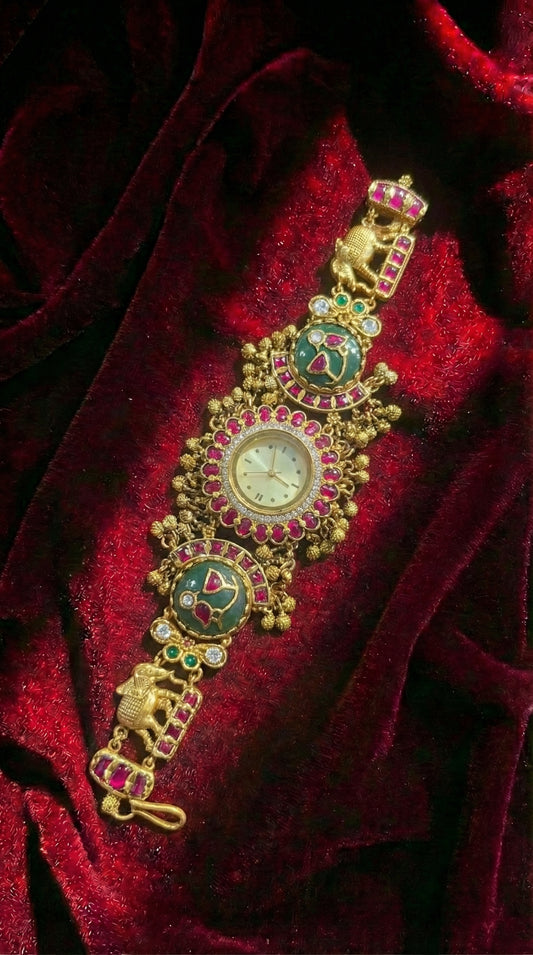 Gulnaaz Ruby Elephant Round Dial Maharani Watch Heritage Bracelet (Partial COD 200₹)