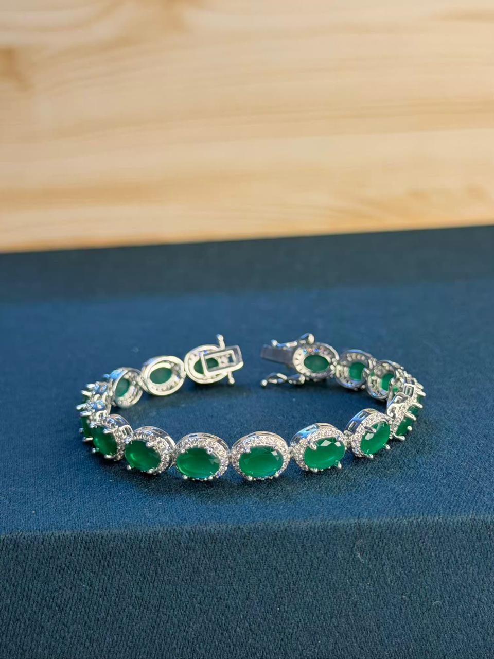 Green Oval Shape Stones Silver Plated Tennis Bracelet
