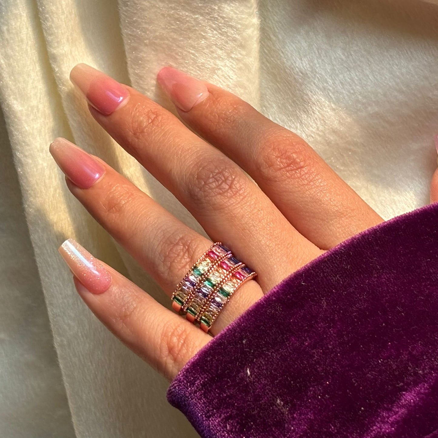 Multicoloured Tri Stacked Studded Rainbow Ring Silver available