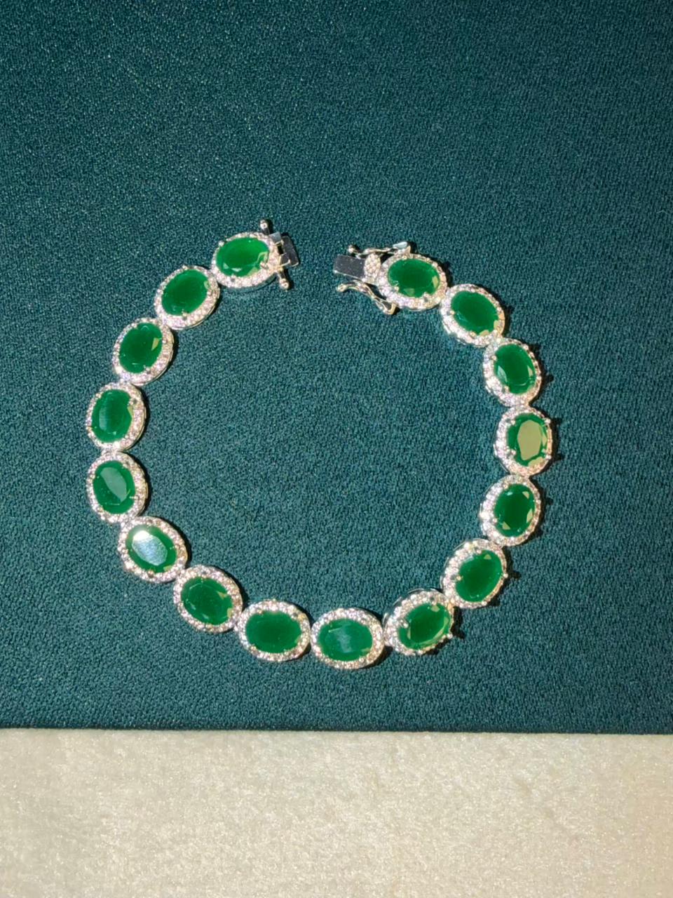 Green Oval Shape Stones Silver Plated Tennis Bracelet