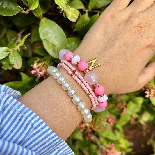 Fuscia Pink Blush Pearl Beaded Stack Elastic Bracelet With Customised Initial ( Gold )