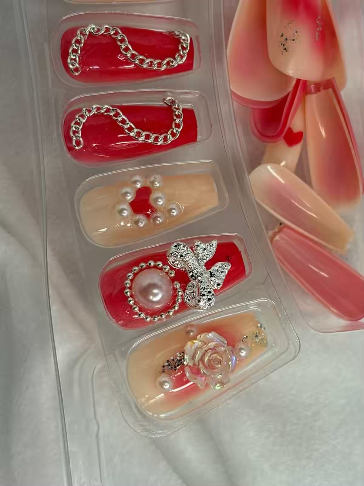 Red Nude Pearls Shimmery Fancy Party Bridal Press On Nails ( Set of 24 )