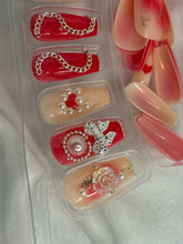 Load image into Gallery viewer, Red Nude Pearls Shimmery Fancy Party Bridal Press On Nails ( Set of 24 )
