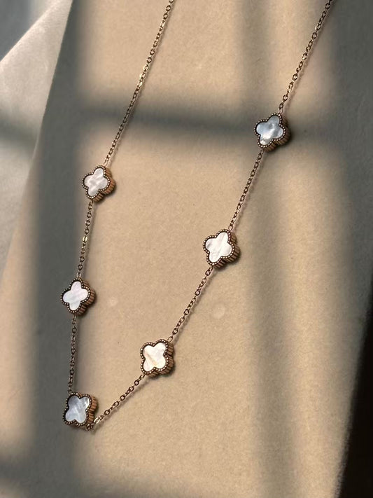 White Mother of Pearl Clover Necklace - Rose Gold