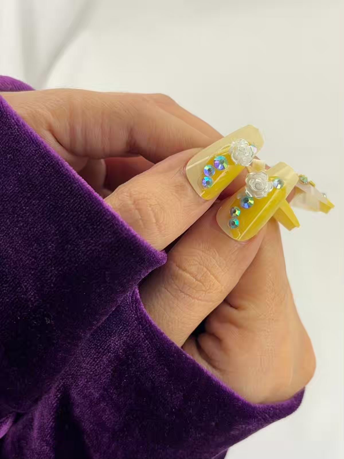 Yellow White Bow French Shimmery Fancy Party Bridal Press On Nails ( Set of 24 )