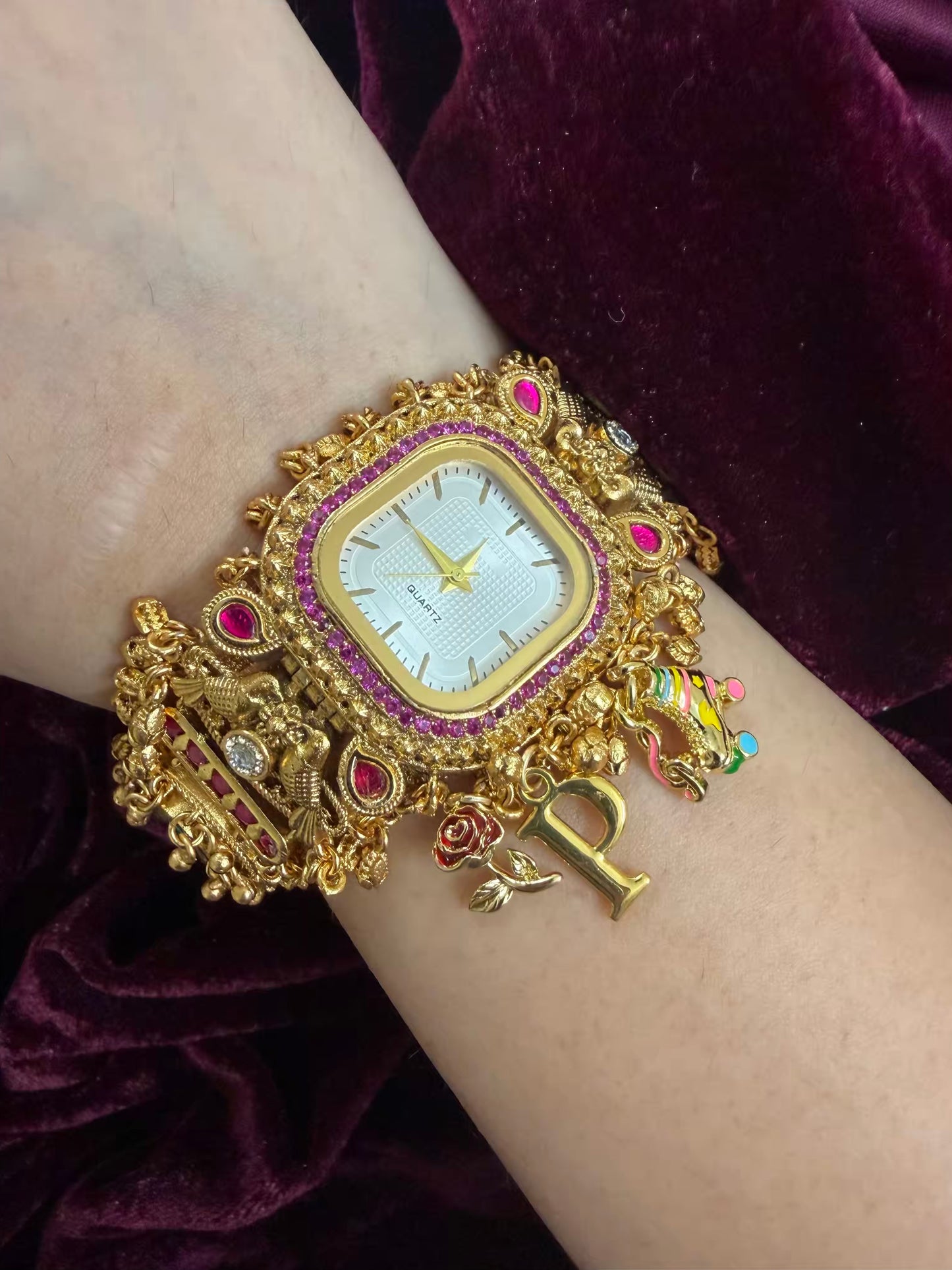 Square Dial Maharani Watch Heritage Bracelet with Skates and Rose ( Add your initial FREE )
