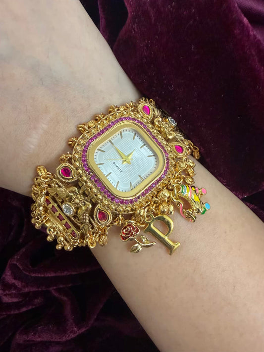 Square Dial Maharani Watch Heritage Bracelet with Skates and Rose ( Add your initial FREE )