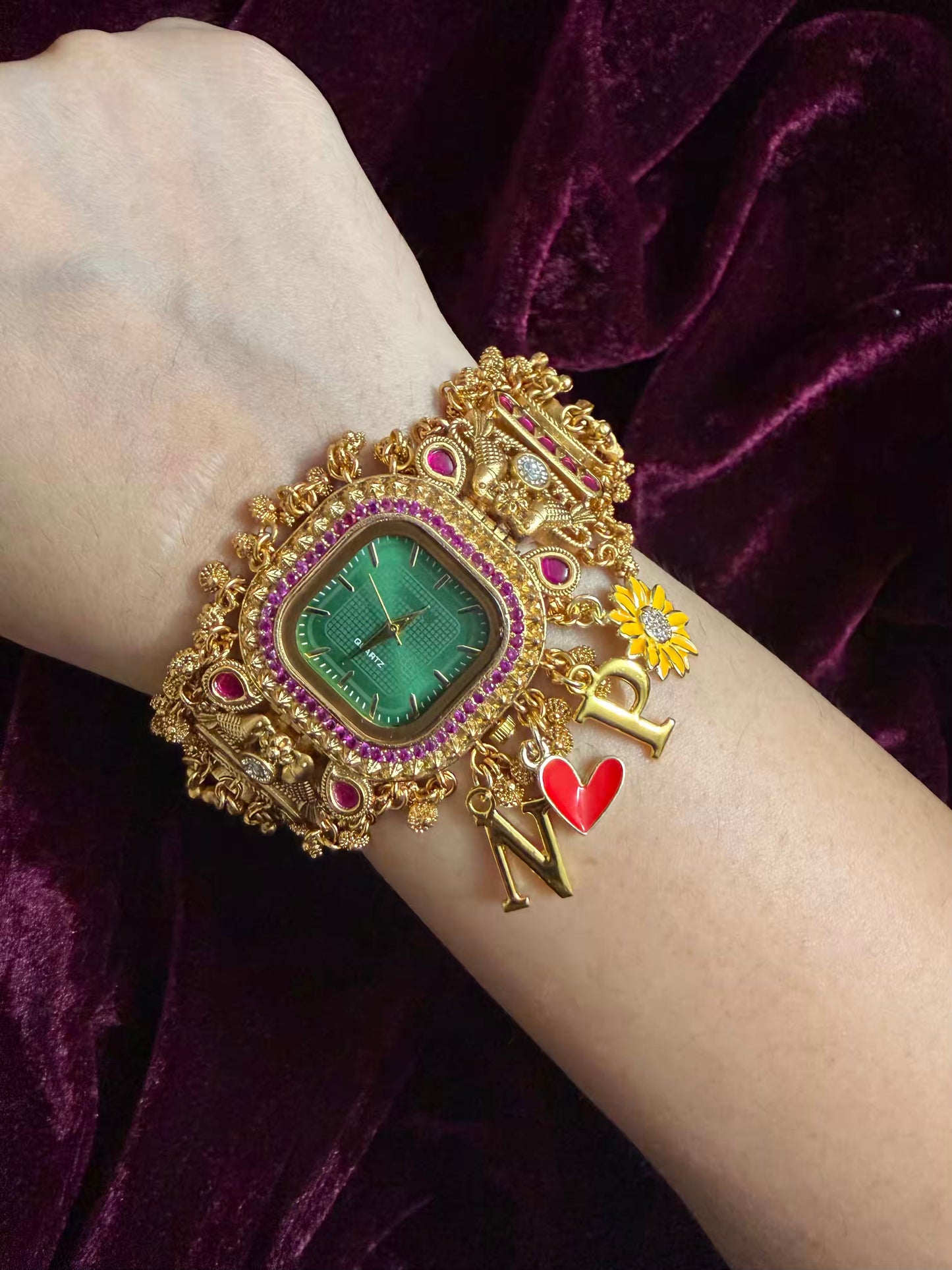Square Dial Maharani Watch Heritage Bracelet with Charms