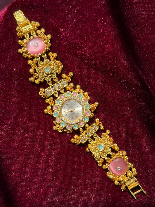 Pink Blue Premium Gold Rajwadi Gold Plated Heritage Maharani Watch