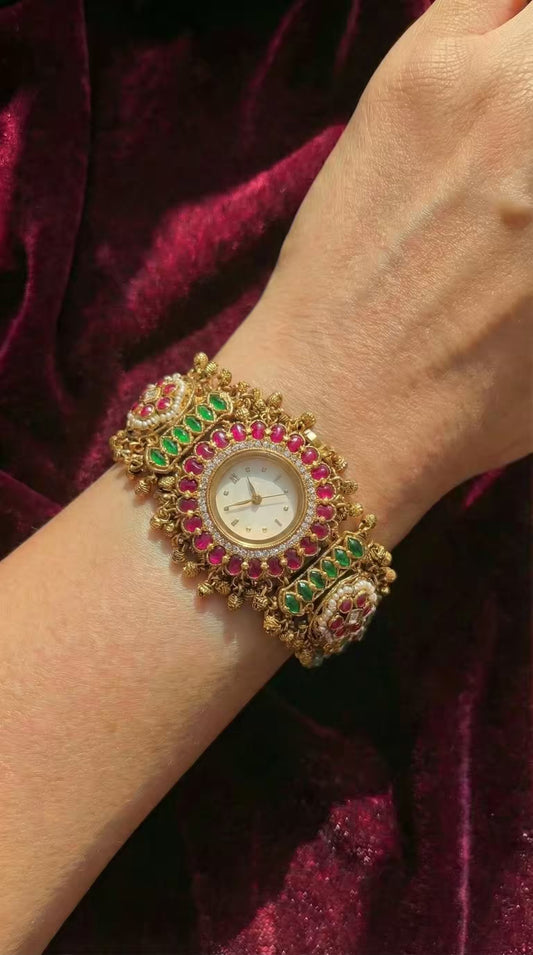 Swarn Mohini Temple Motif Ruby Kundan Gold Plated Heritage Maharani Watch ( Partial COD 200₹ )