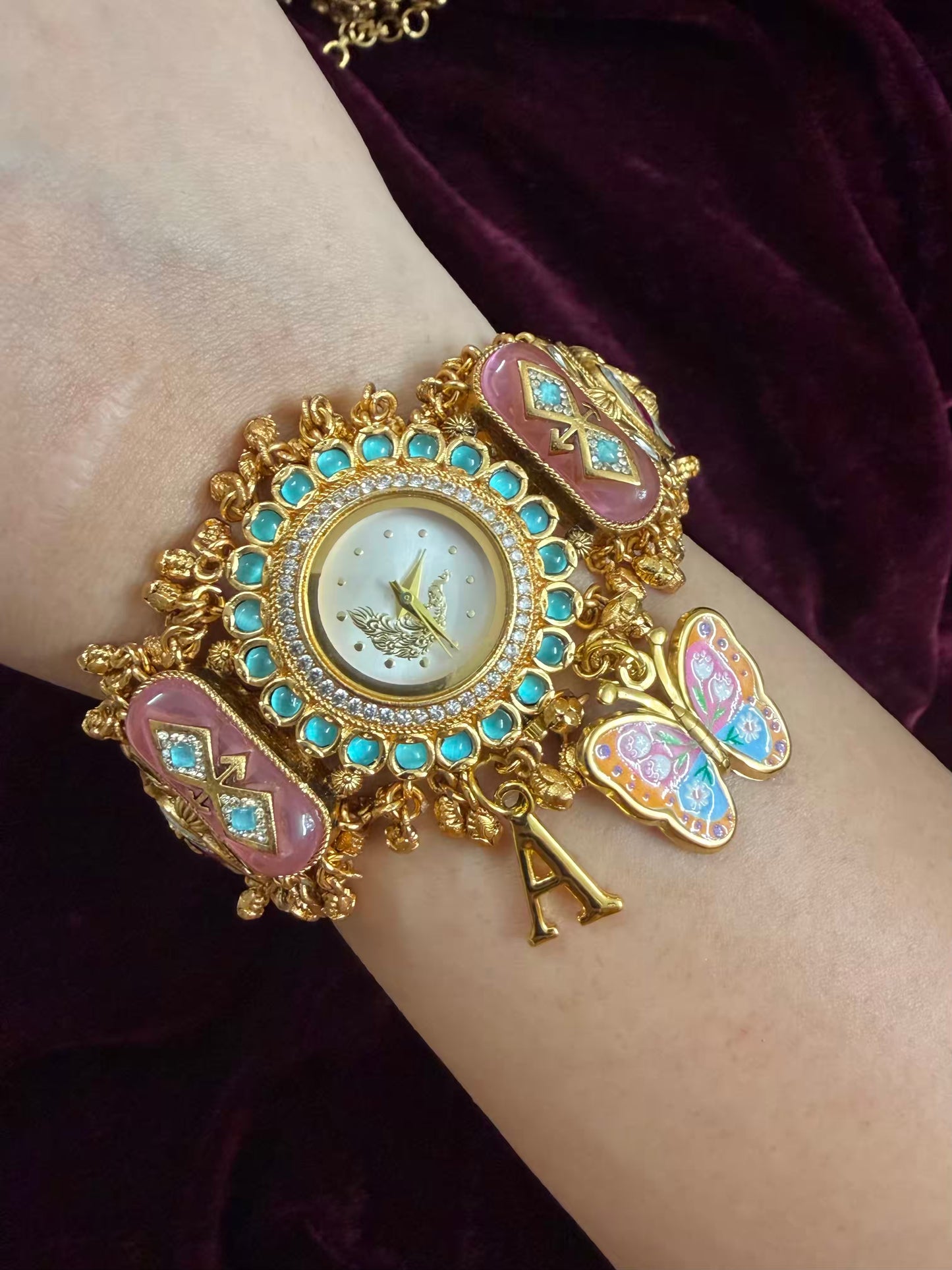 Pink Butterfly Peacock Dial Maharani Watch Heritage Bracelet ( Add your initial FREE )