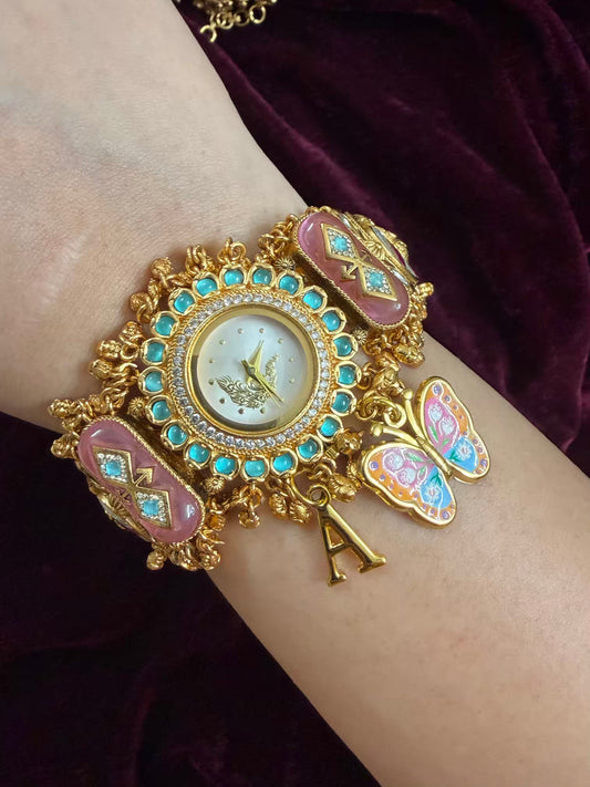Pink Butterfly Peacock Dial Maharani Watch Heritage Bracelet ( Add your initial FREE )