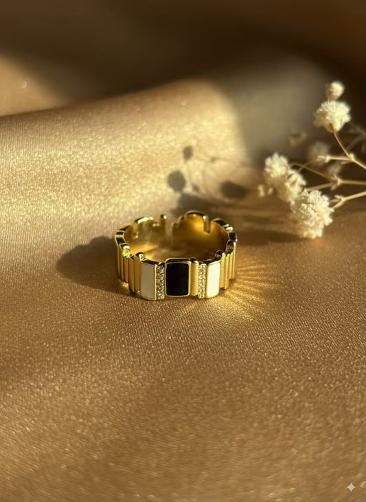 Uneven Black White Gold Plated Premium Ring (Adjustable)