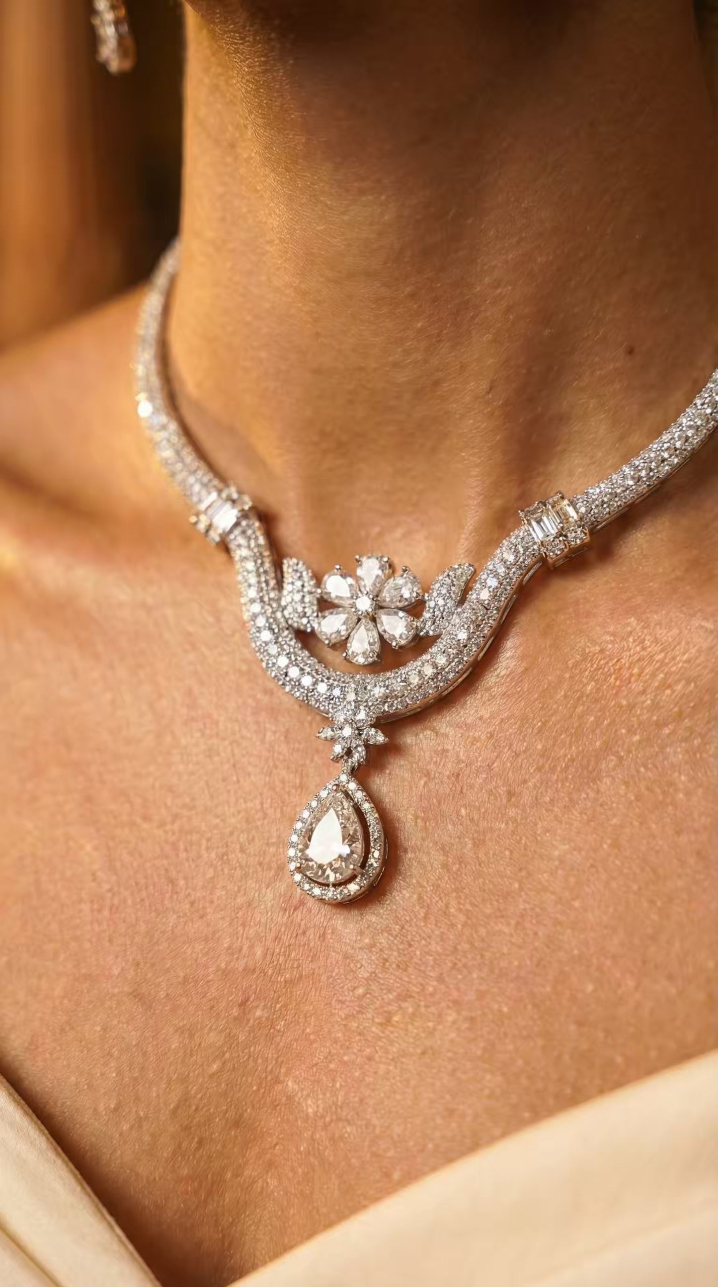 Silver Floral Drop Statement Necklace Set