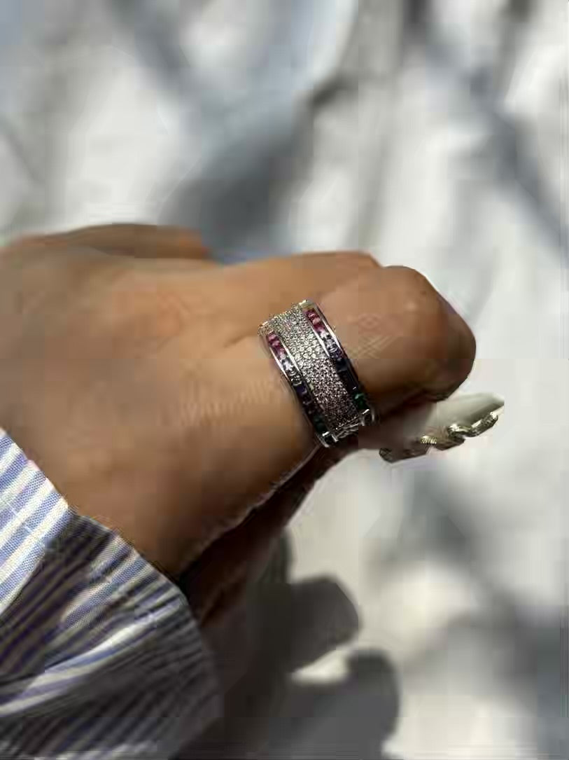 Premium Multicoloured Diamonds Band Ring ( Silver ) - Adjustable
