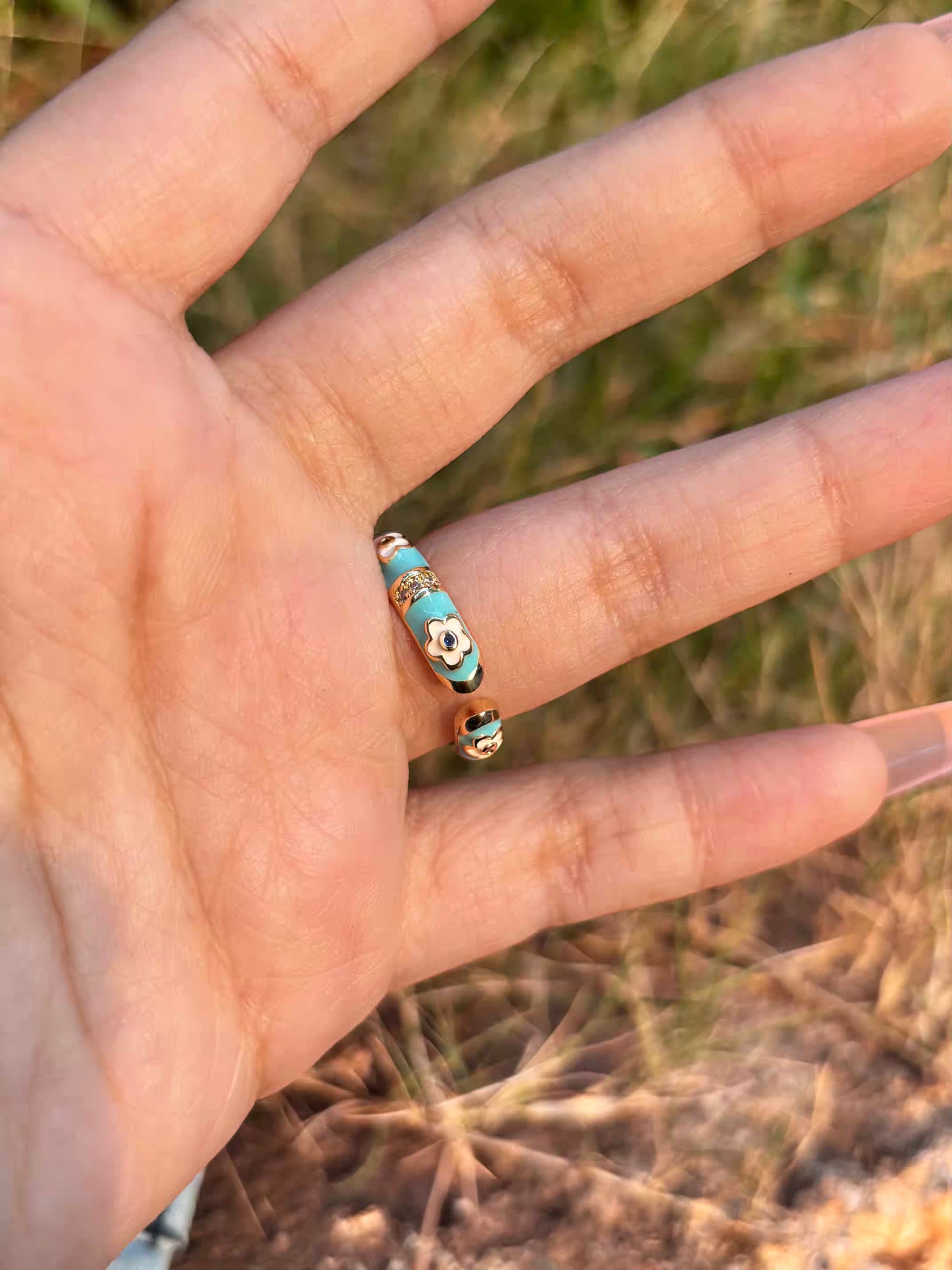 White Lillies Sky Blue Band Ring - Adjustable