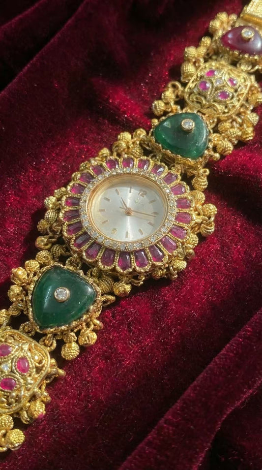 Emerald Green Red Ruby Shahi Round Dial Maharani Watch Heritage Bracelet (Partial COD 200₹)