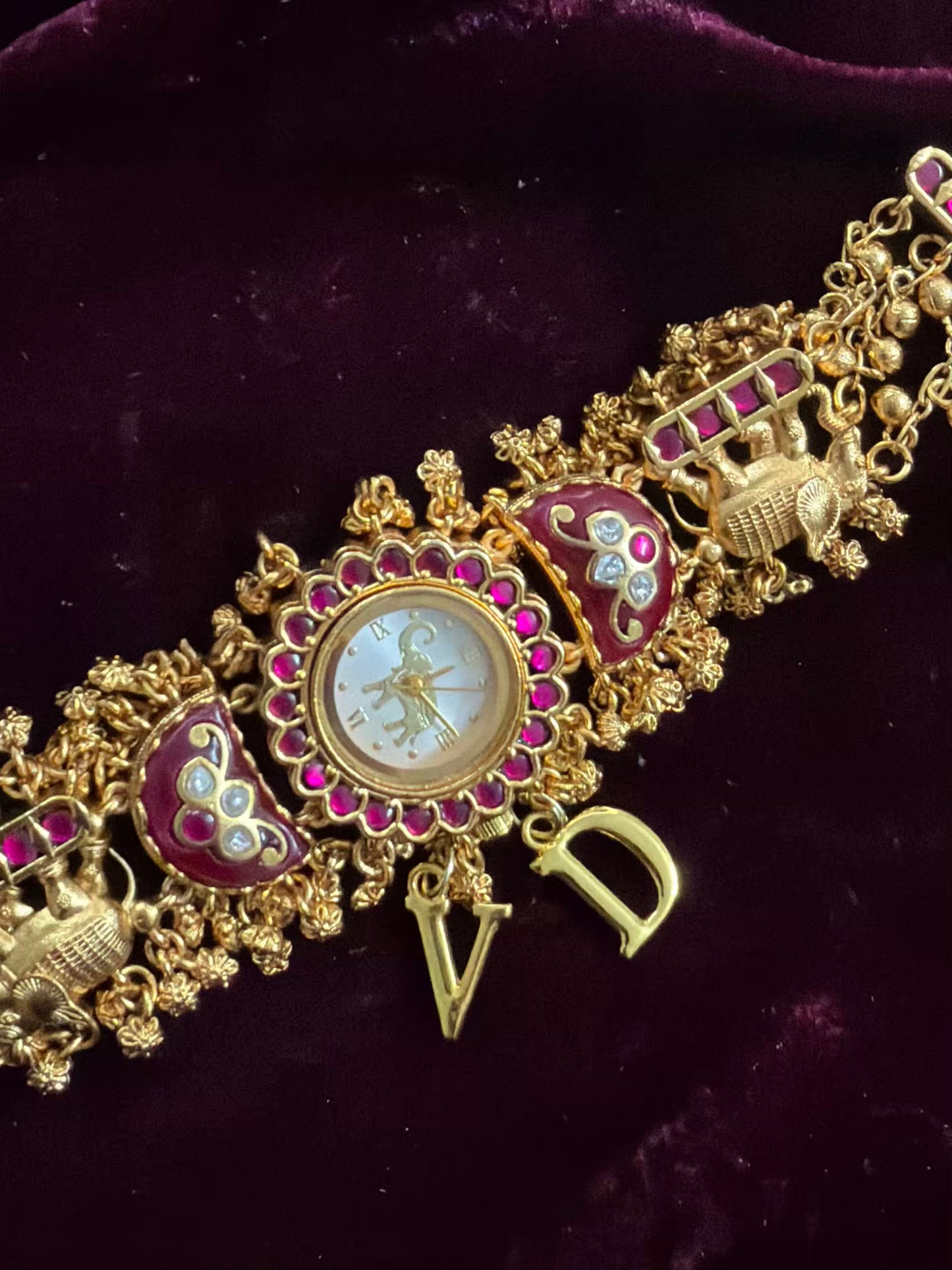 Green in Burgundy Dial Half Moon Maharani Watch Design Bracelet