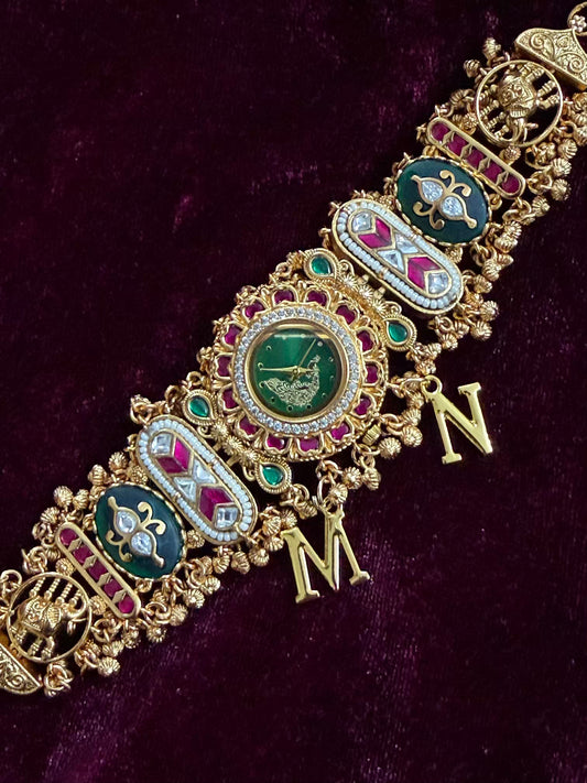 Green Peacock Kundan Watch Design Heritage Bracelet