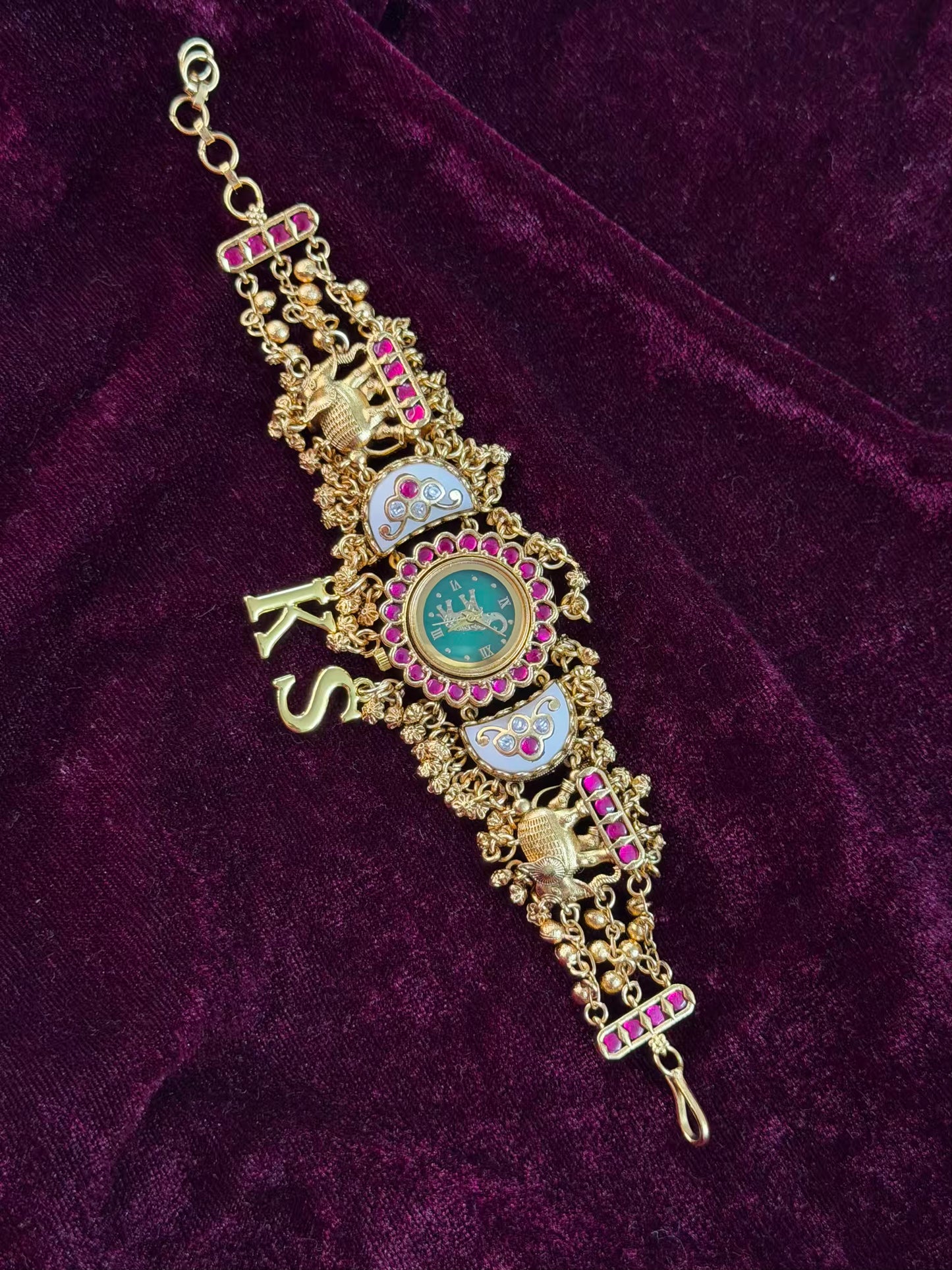 Green in Burgundy Dial Half Moon Maharani Watch Design Bracelet