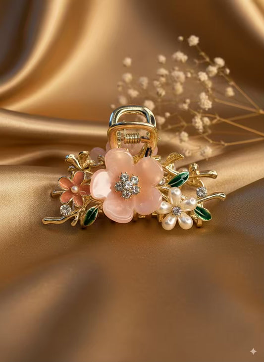 Navratri Premium Peach Floral Claw Clip For Women- Stainless Steel