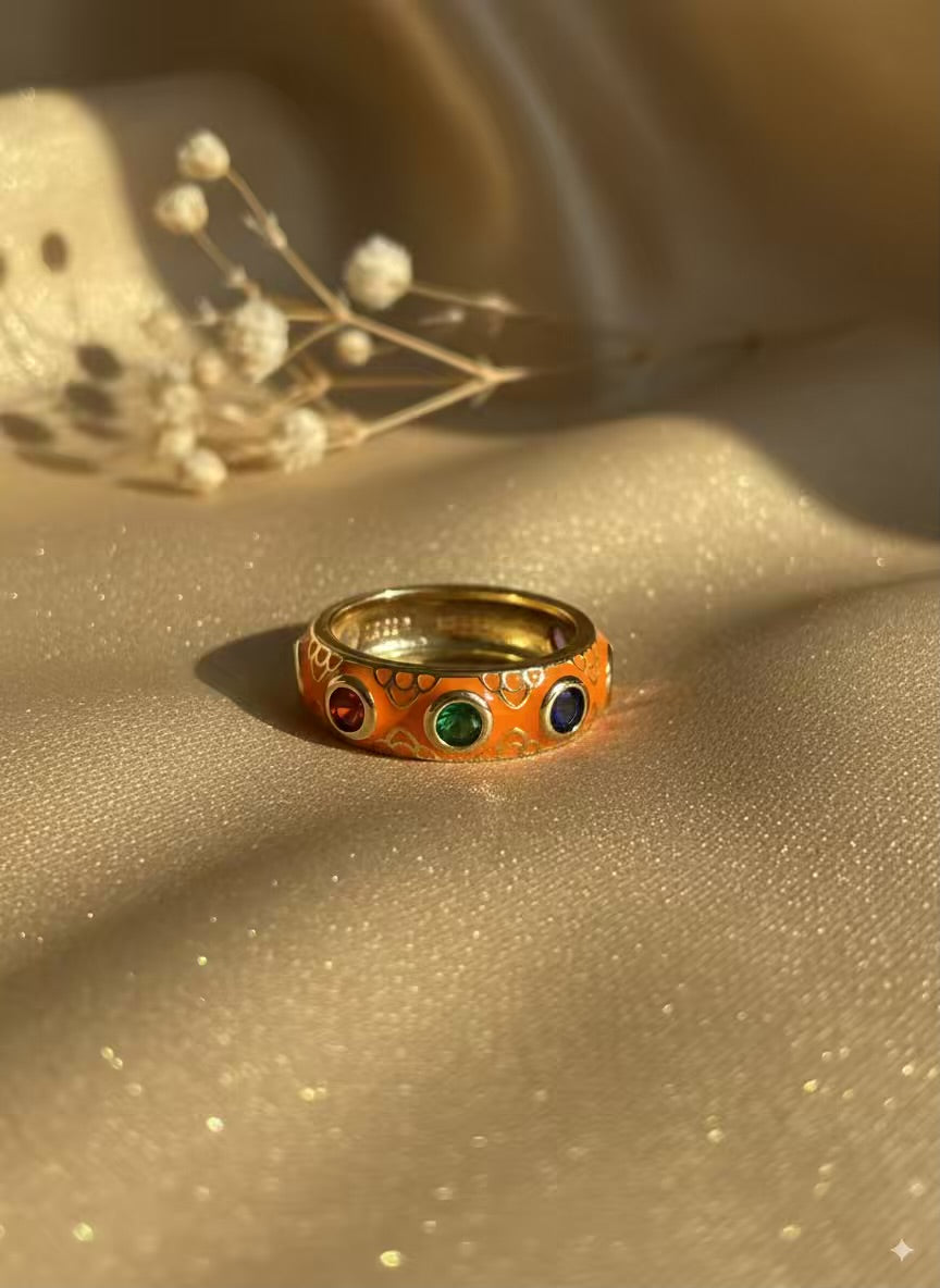 Orange Colourful Gold Plated Premium Ring (Adjustable)