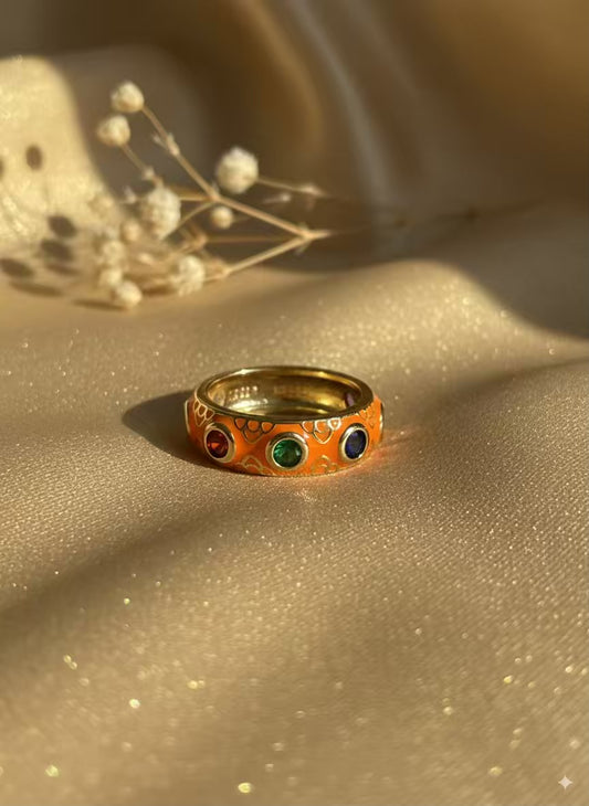 Orange Colourful Gold Plated Premium Ring (Adjustable)