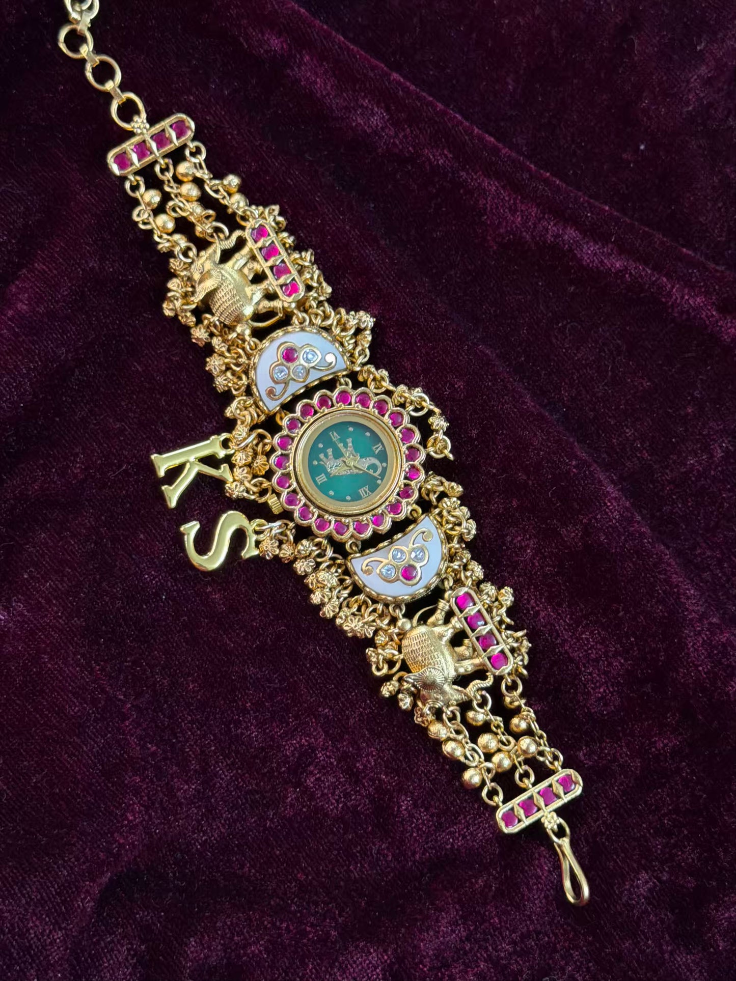 Green in Burgundy Dial Half Moon Maharani Watch Design Bracelet