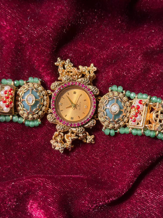 Pink Gold Dial Loaded Green Rajwadi Gold Plated Heritage Maharani Watch