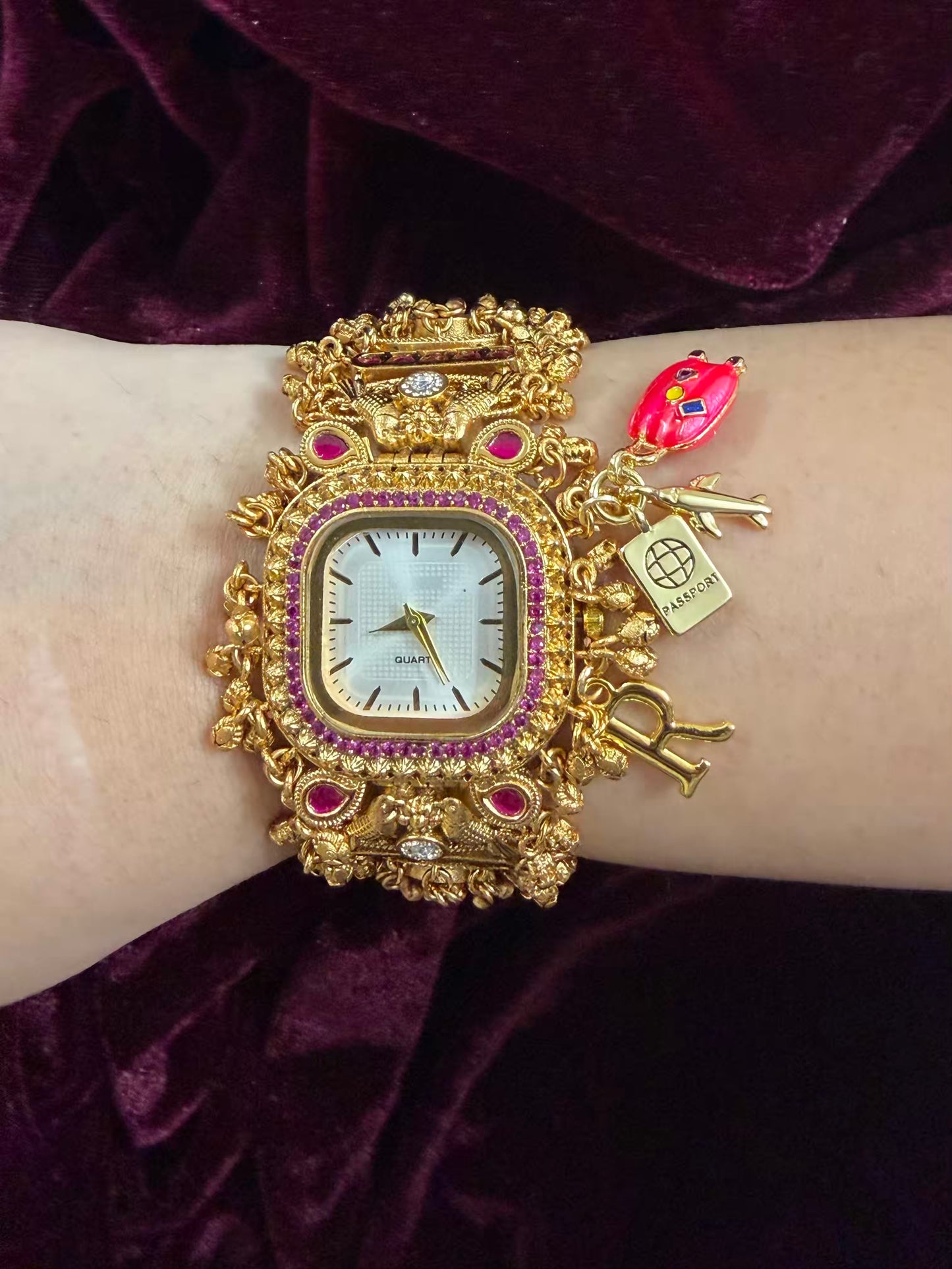 Square Dial Maharani Watch Heritage Bracelet with Puffy Trolley and Passport ( Add your initial FREE )
