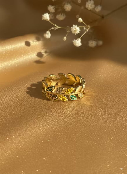 Leaves Studded Colourful Gold Plated Premium Ring (Adjustable)