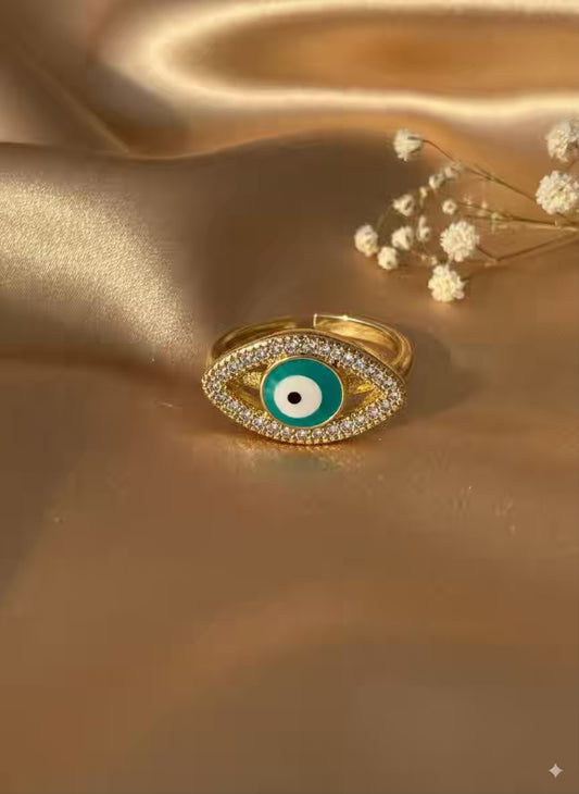 Ocean Green Evil Eye  Gold Plated Premium Ring (Adjustable)
