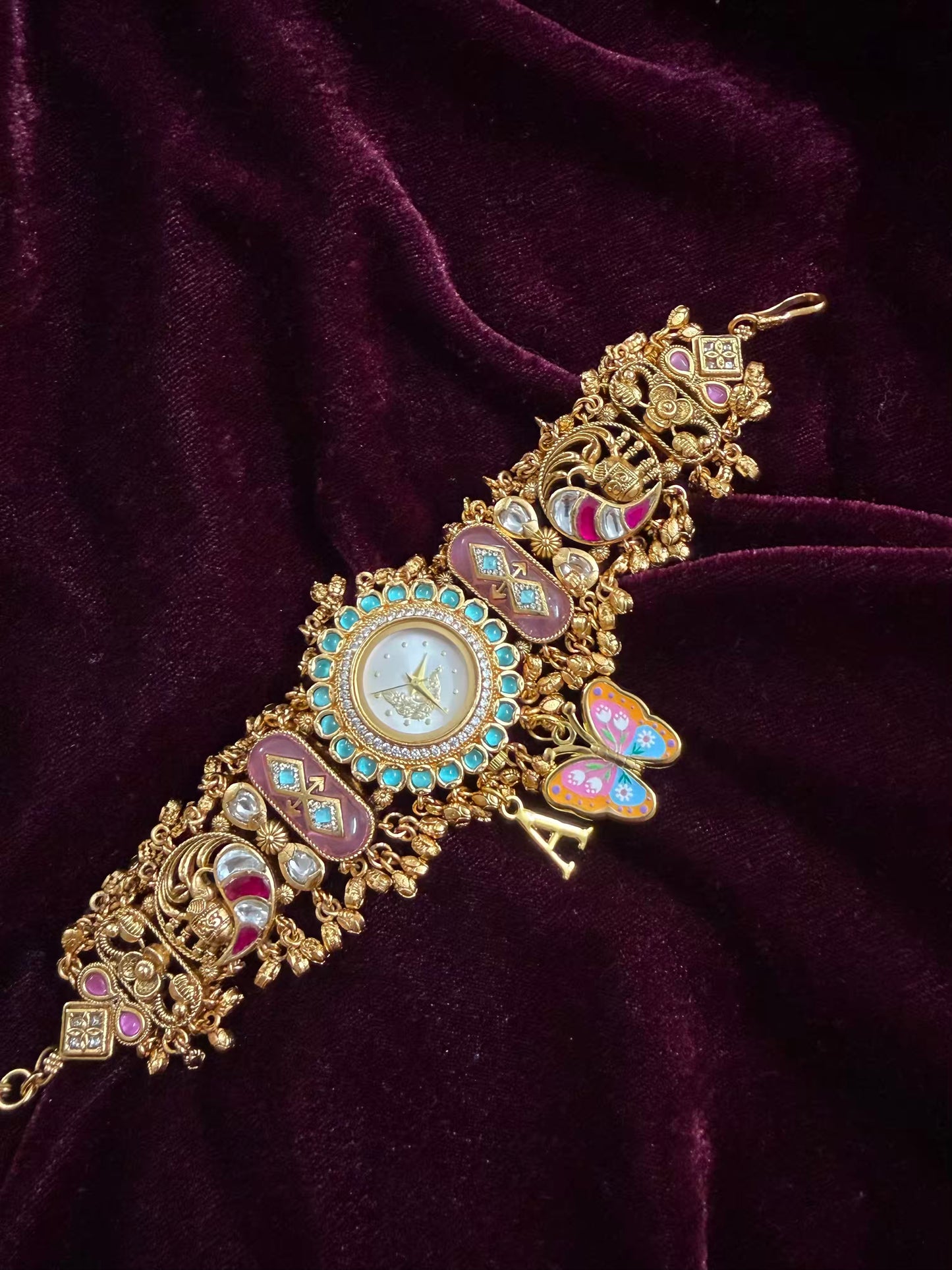 Pink Butterfly Peacock Dial Maharani Watch Heritage Bracelet ( Add your initial FREE )