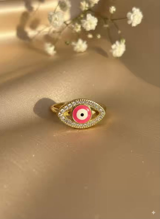 Pink Evil Eye  Gold Plated Premium Ring (Adjustable)