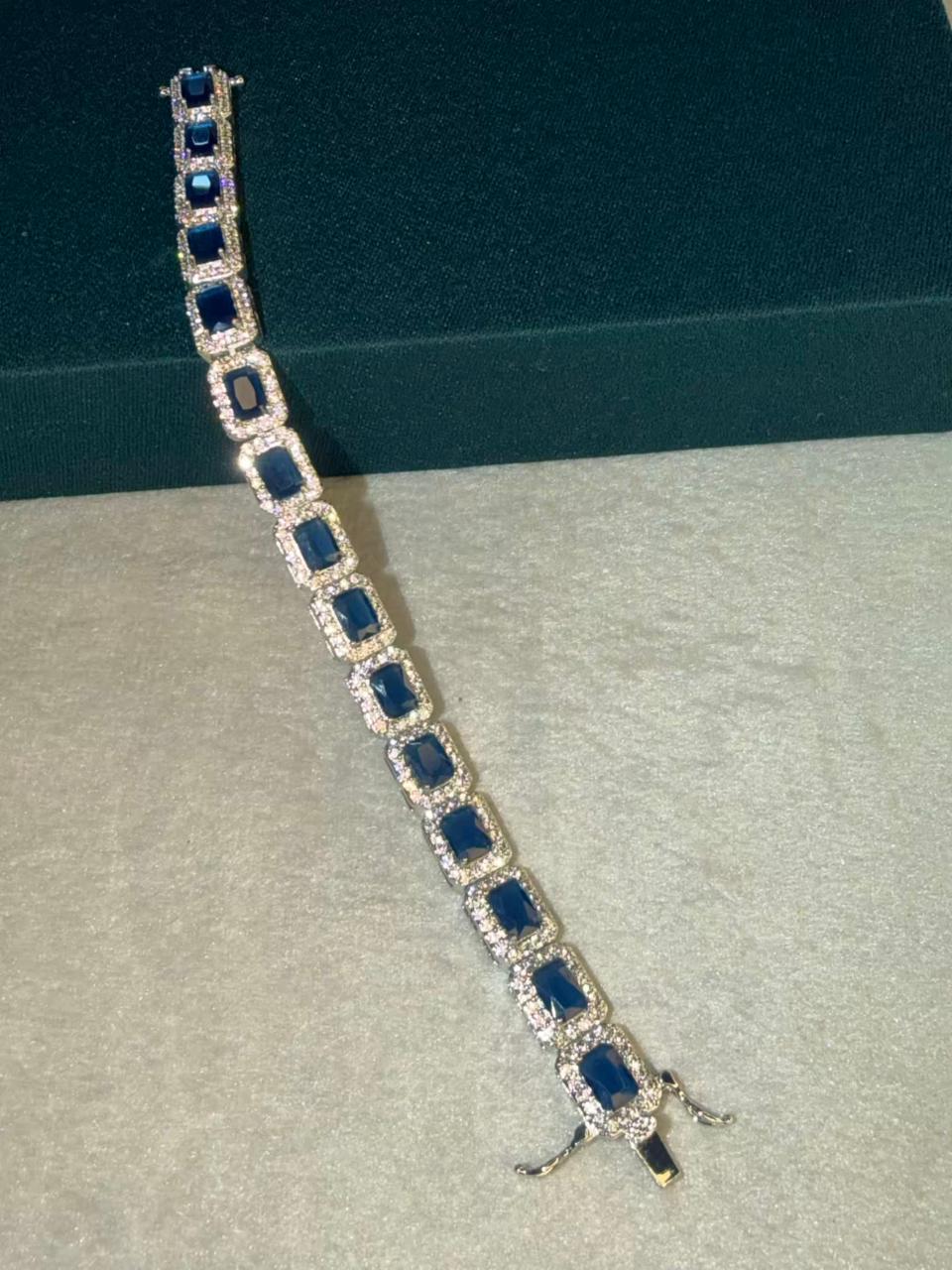 Blue Square Shape Stones Silver Plated Tennis Bracelet