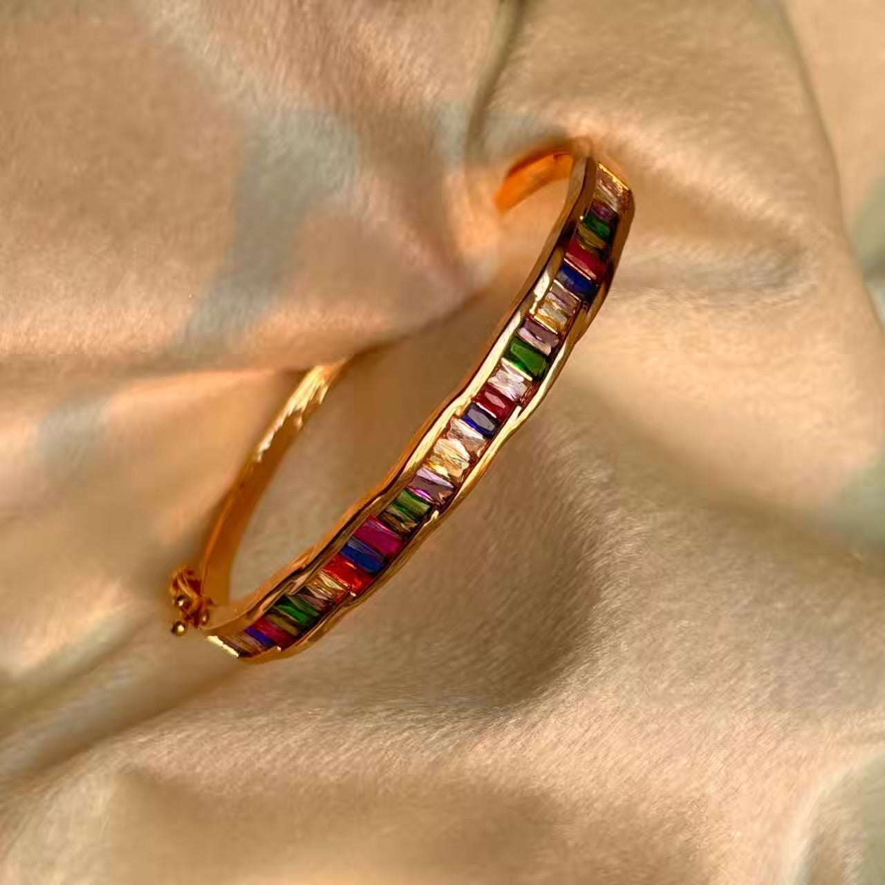 Belle Wavy Multicoloured Baguette Unique Stones Kadha Bracelet Bangle Gold